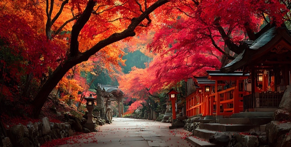 Autumn: shrine path under vibrant red maple leaves